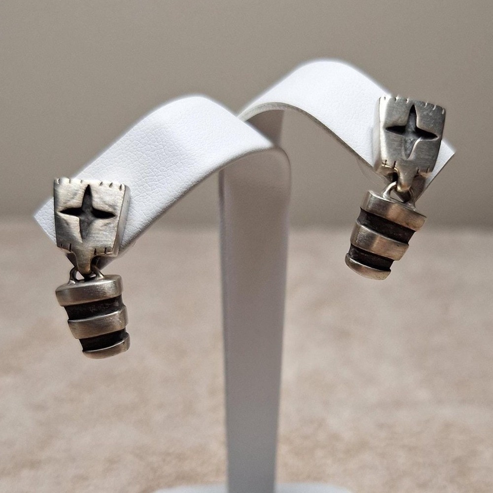 Sterling silver drop earrings dangle black enamel oxidized accents substantial